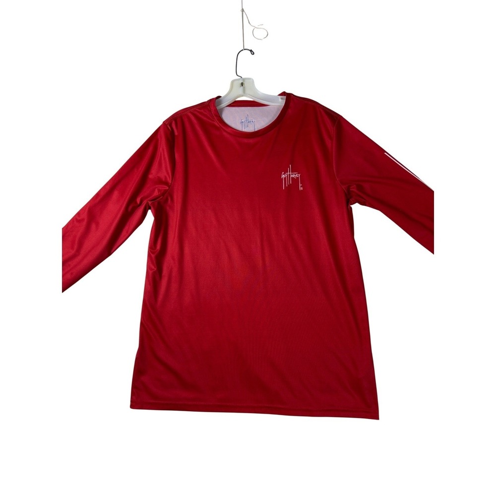 Guy Harvey Mens Red Long Sleeve Performance Fishing Shirt Marlin Flag Logo Med